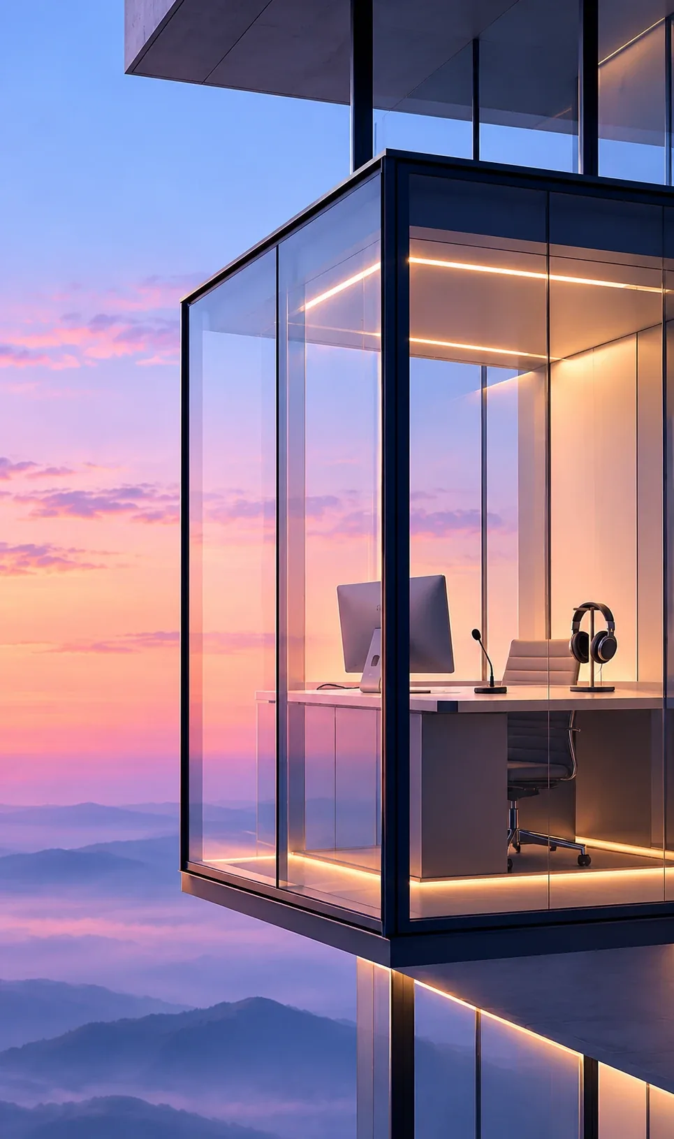 An empty interpreter booth with a microphone and headphones, suspended above misty mountains at dusk