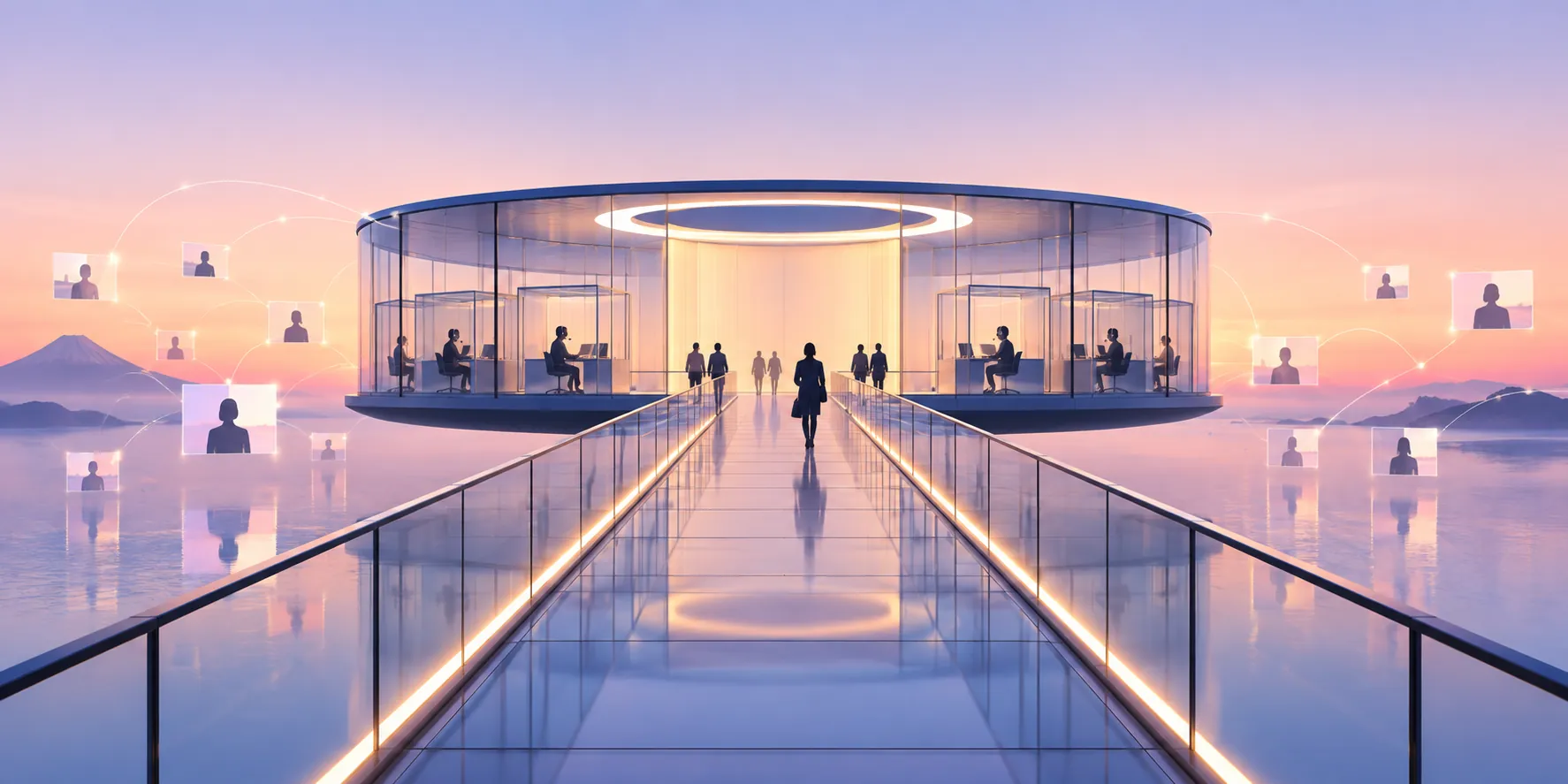 A glass interpretation hub on a bridge, connected to remote participants around the world