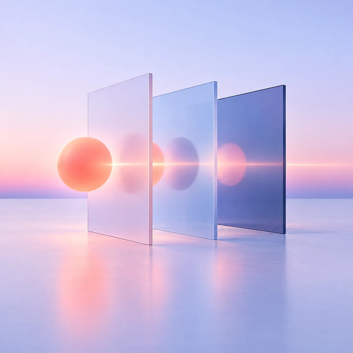 A warm signal passing through three translucent glass panels
